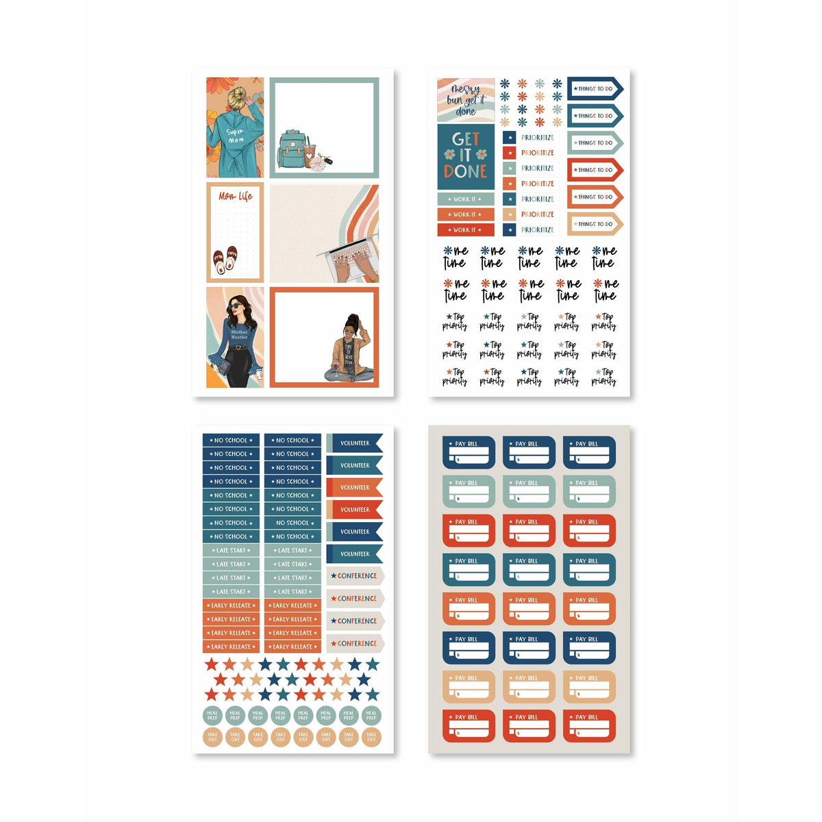 Collection of functional planner stickers with headers such as 'Mom's To-Do' and 'Family Time,' accented with whimsical graphics.