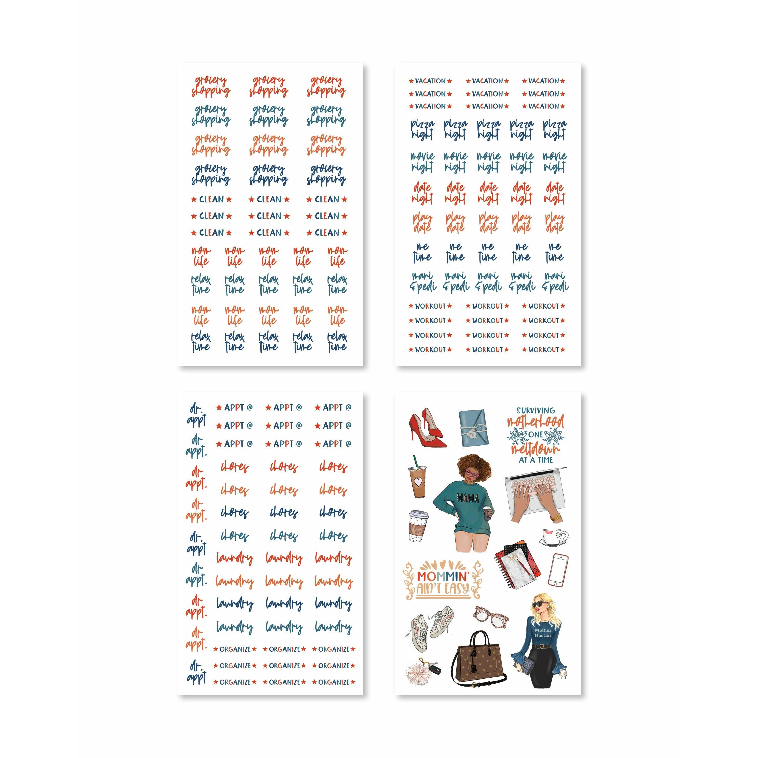 Charming stickers illustrating everyday family moments and self-care reminders, perfect for personalizing planners and journals.