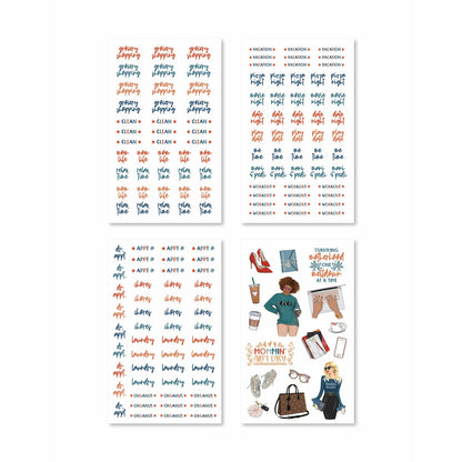 Charming stickers illustrating everyday family moments and self-care reminders, perfect for personalizing planners and journals.