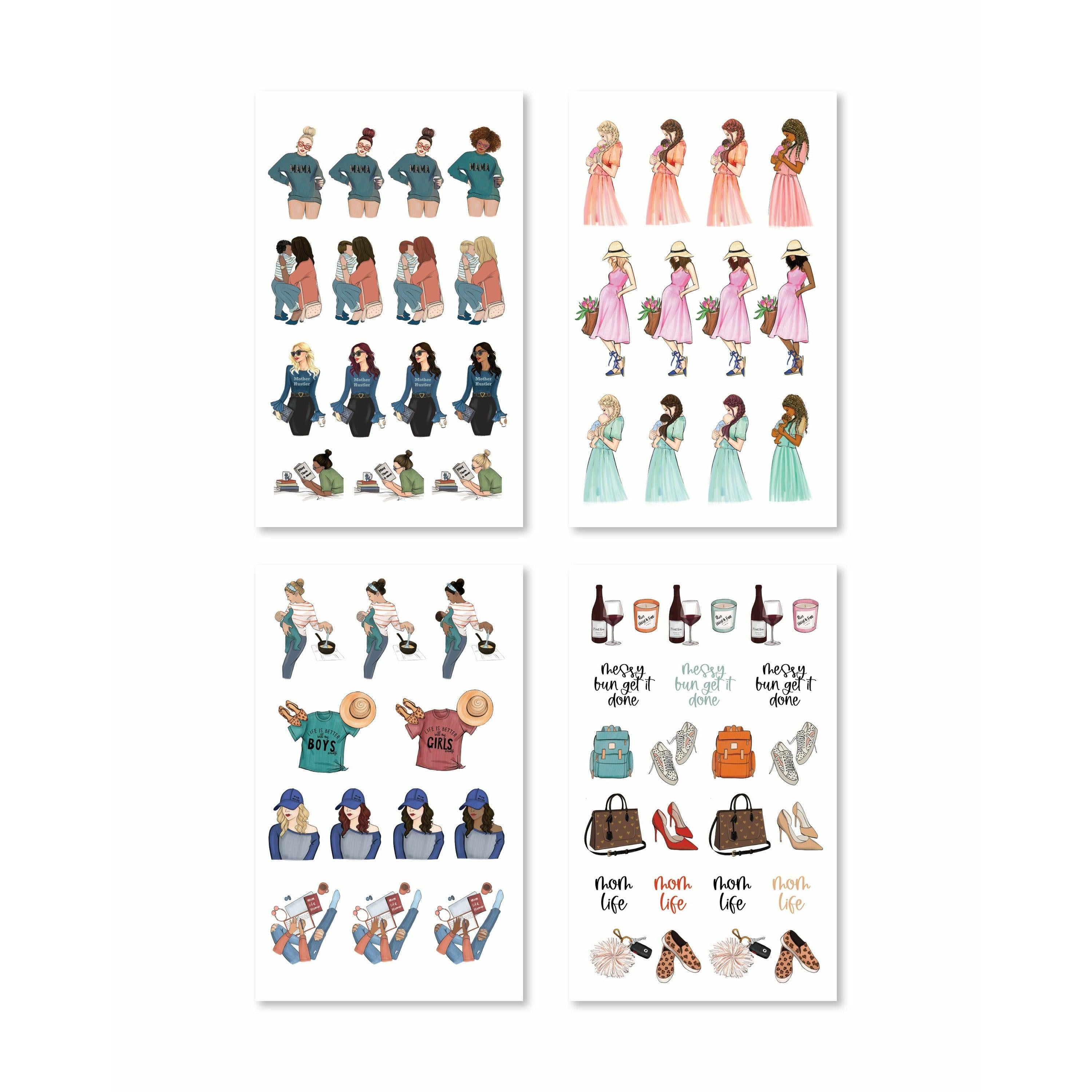 Stickers showcasing a variety of mom-themed icons like cozy outfits, bags, and drinks, all in cheerful, lively colors.