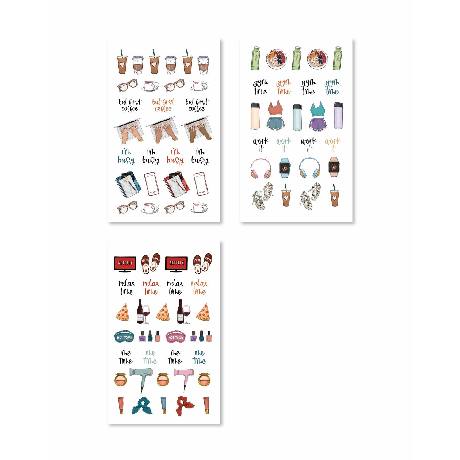 Stickers showcasing a variety of mom-themed icons like cozy coffee cups, comfort food, and comfy clothes, all in cheerful, lively colors.