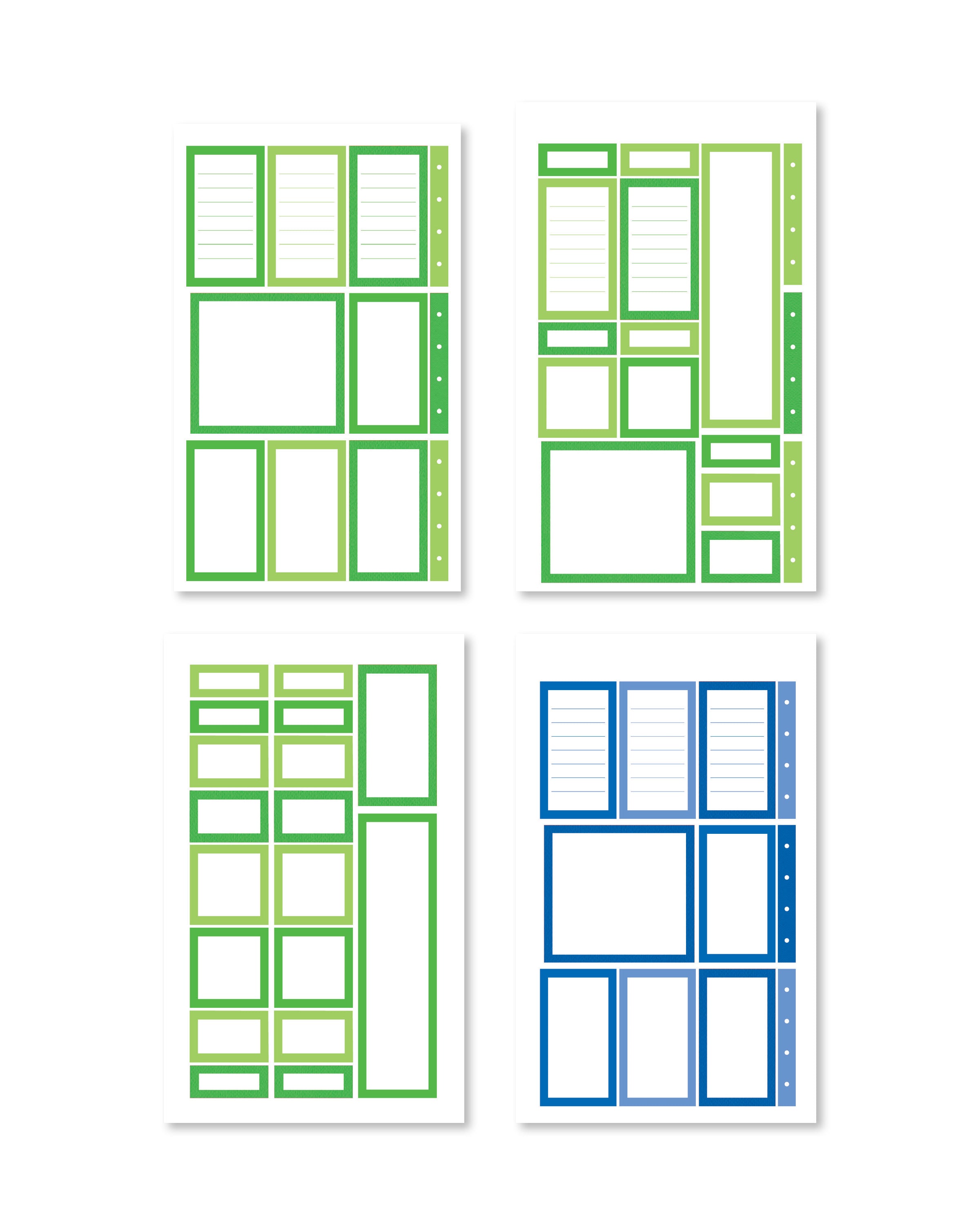 Stickers artistically designed with an array of enchanting green and blue boxes, perfect for adding a creative touch to your planner.