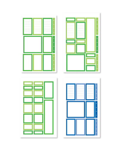 Stickers artistically designed with an array of enchanting green and blue boxes, perfect for adding a creative touch to your planner.