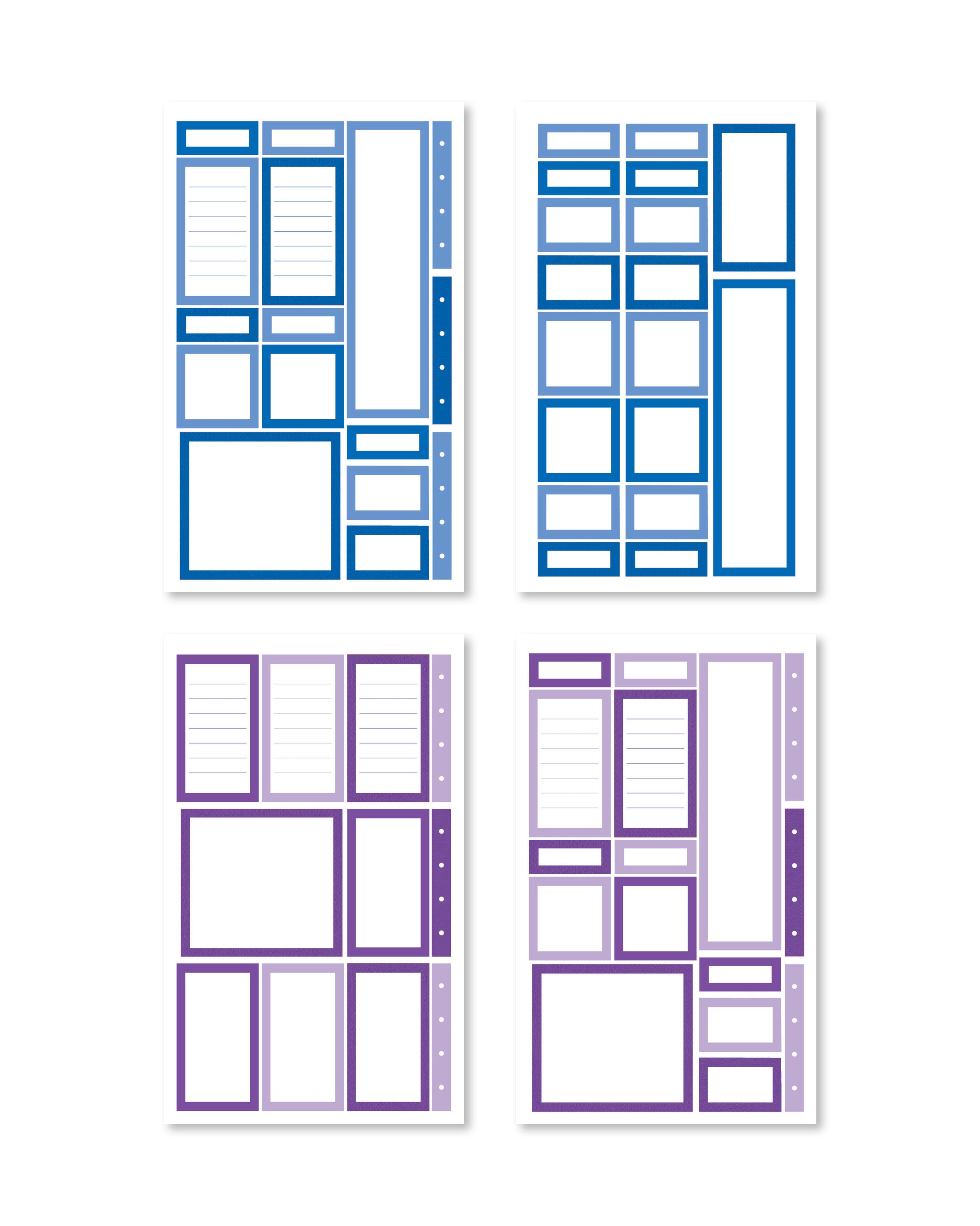 Stickers featuring a diverse selection of blue and purple boxes, specifically crafted for enhancing planner aesthetics.