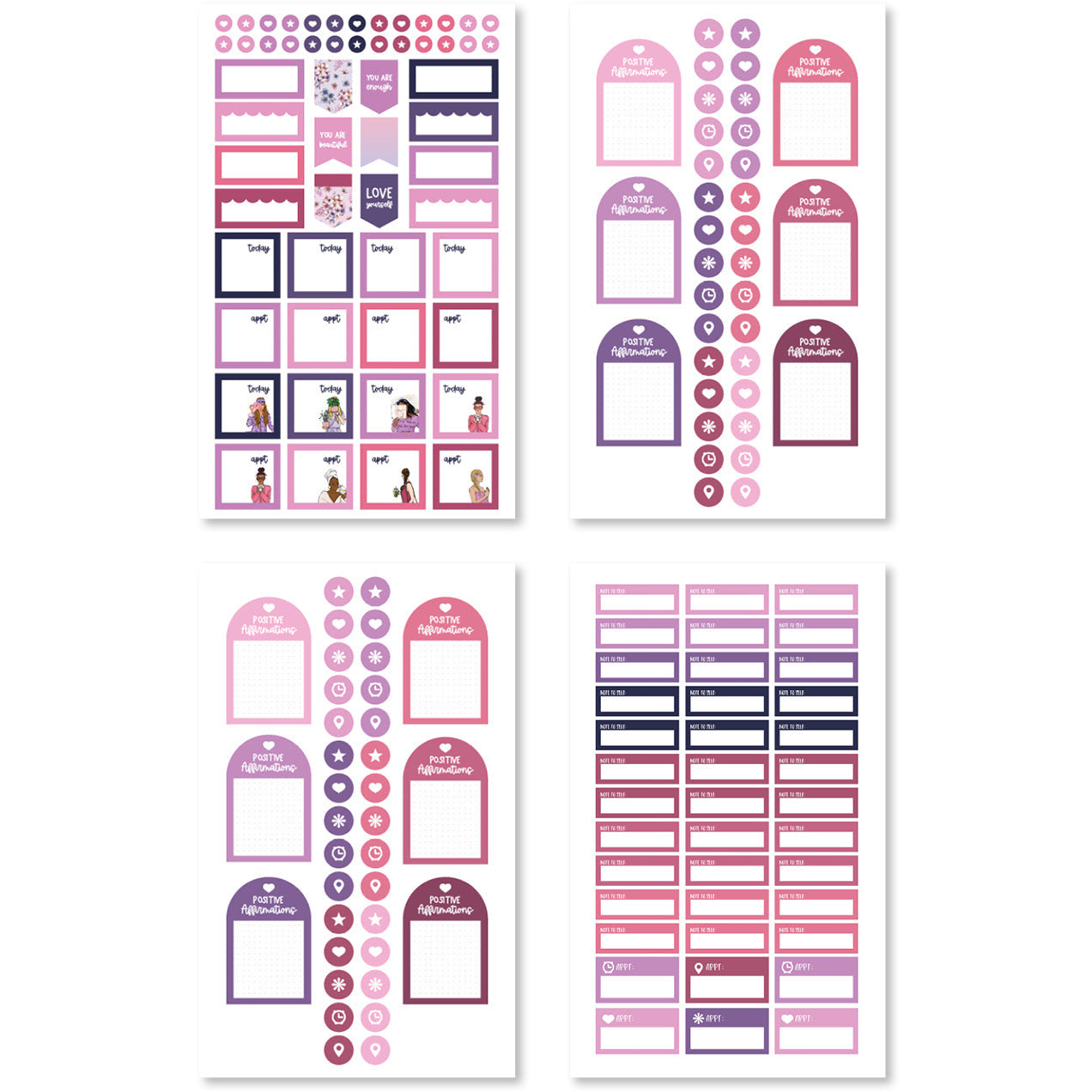 Diverse collection of planner stickers with playful headers like &