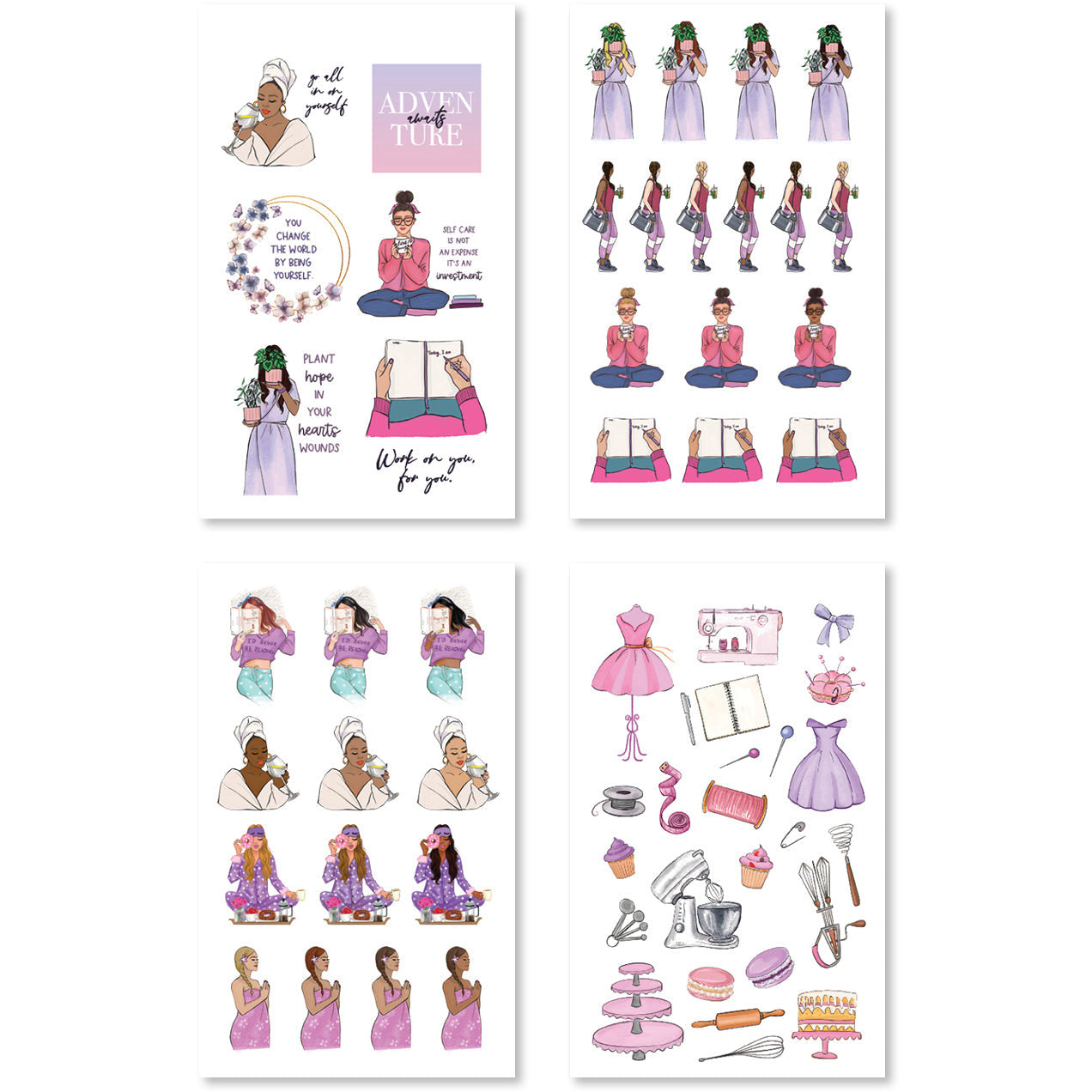 Charming stickers depicting relaxation scenes and positive affirmations, perfect for enhancing planners with self-love reminders.