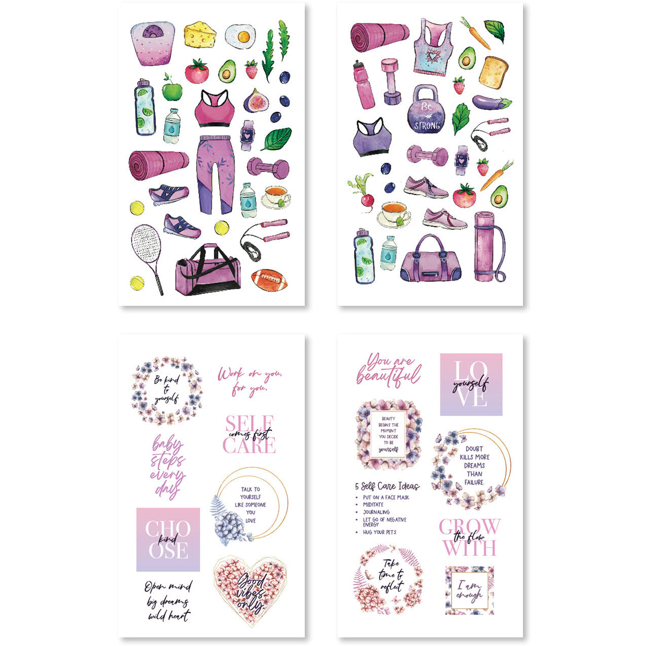 Stickers showcasing delightful self-care icons, including skincare products, work out clothes, and healthy foods, all in bright, cheerful colors.