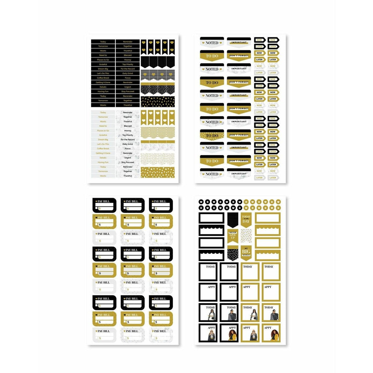 Close-up of functional stickers with headers like 'Goals' and 'Priorities,' highlighted in elegant patterns and striking colors.