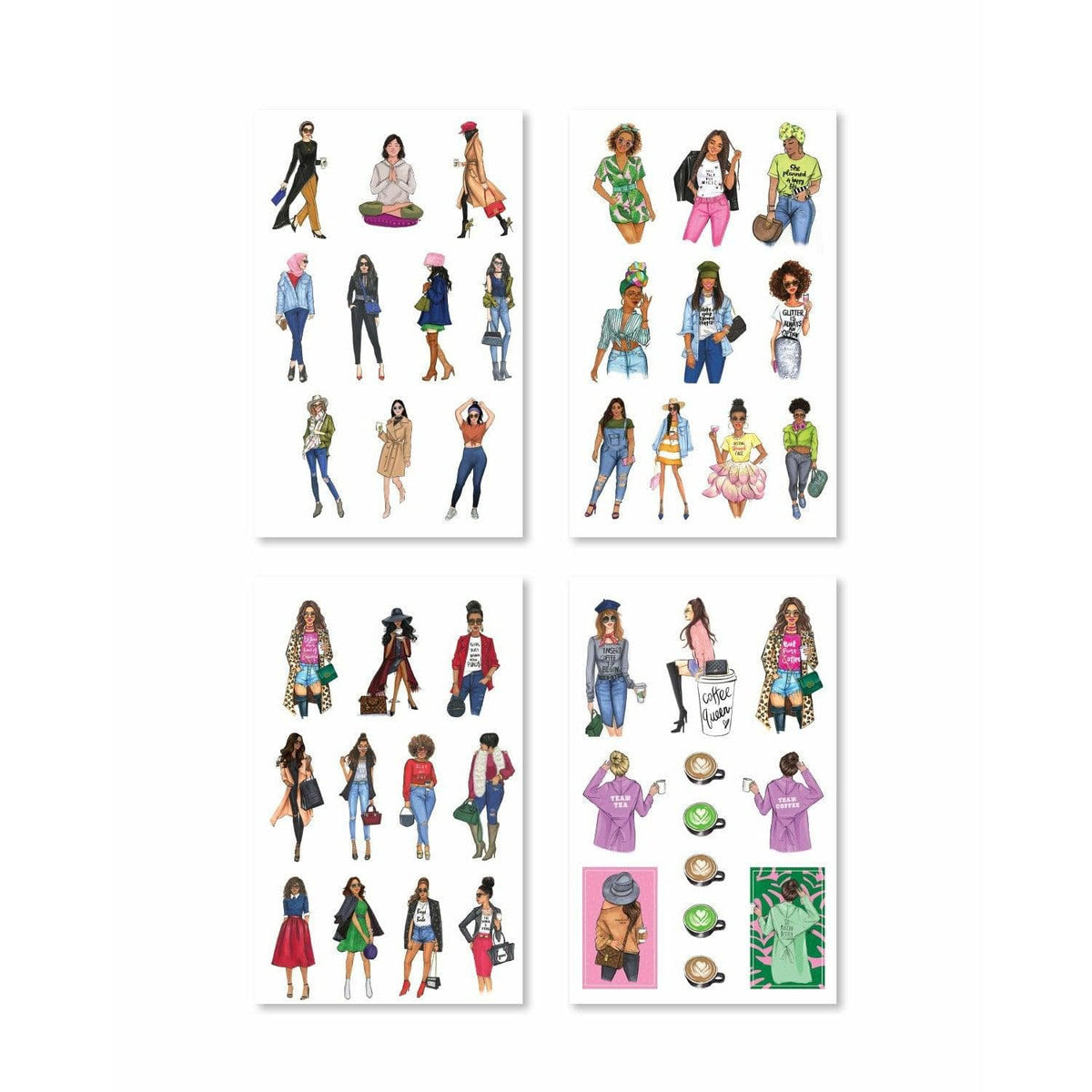 Stickers showcasing a variety of trendy fashion accessories, including handbags, shoes, and sunglasses in bold colors.