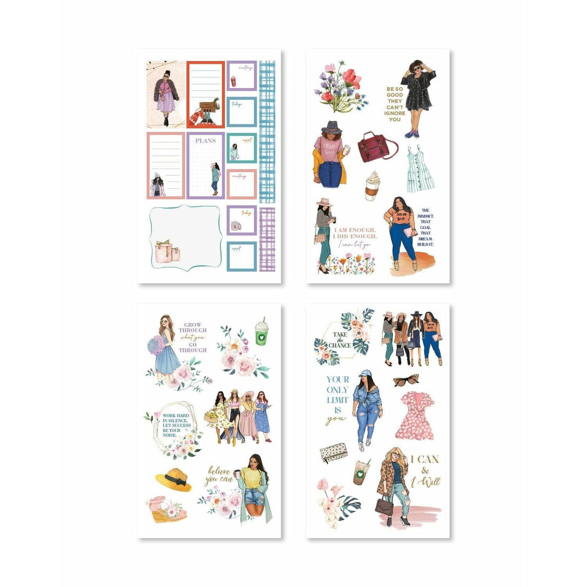 Close-up of decorative stickers with seasonal themes, highlighting vibrant colors and encouraging phrases.