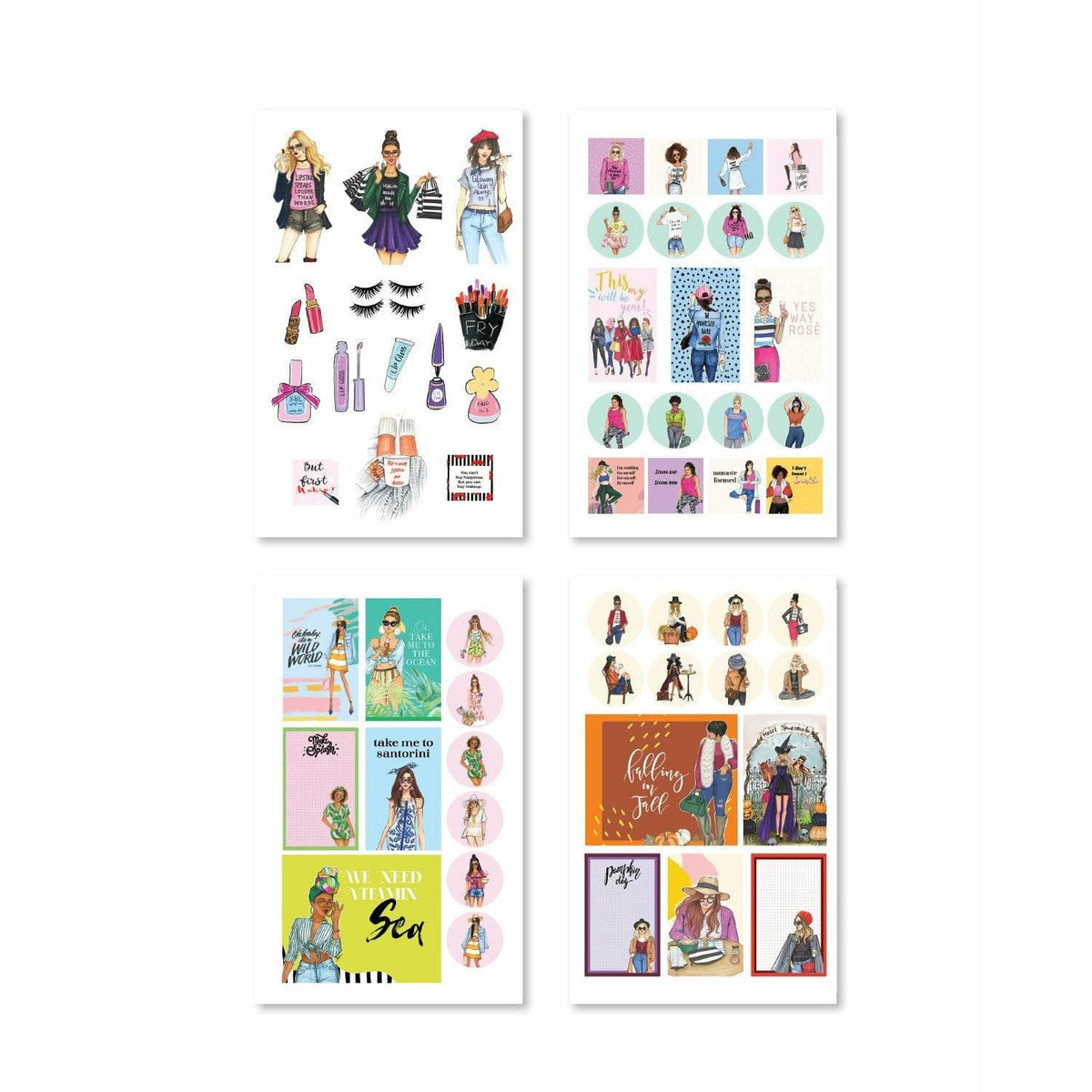 Close-up of decorative stickers featuring empowering quotes and fashionable illustrations in pastel and bright hues.