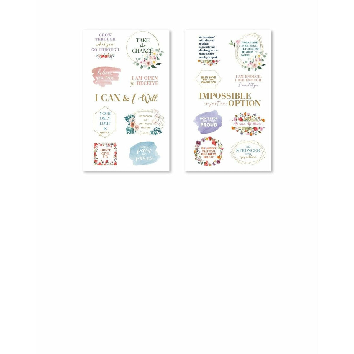 Variety of planner stickers with titles like 'Goal Setting' and 'Monthly Motivation,' designed in fun, cheerful styles.