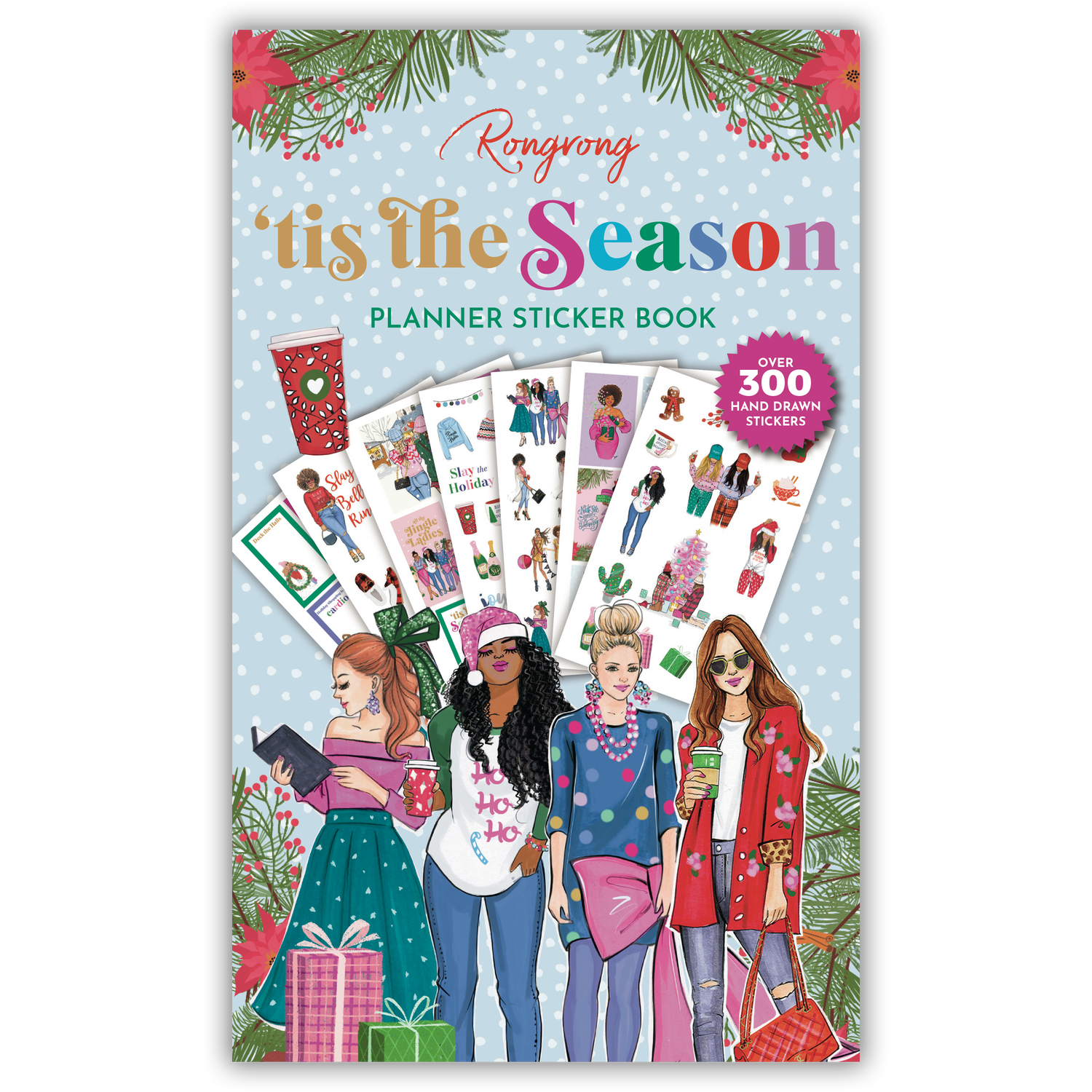 Sticker book cover featuring festive designs with cheerful holiday icons in vibrant colors.