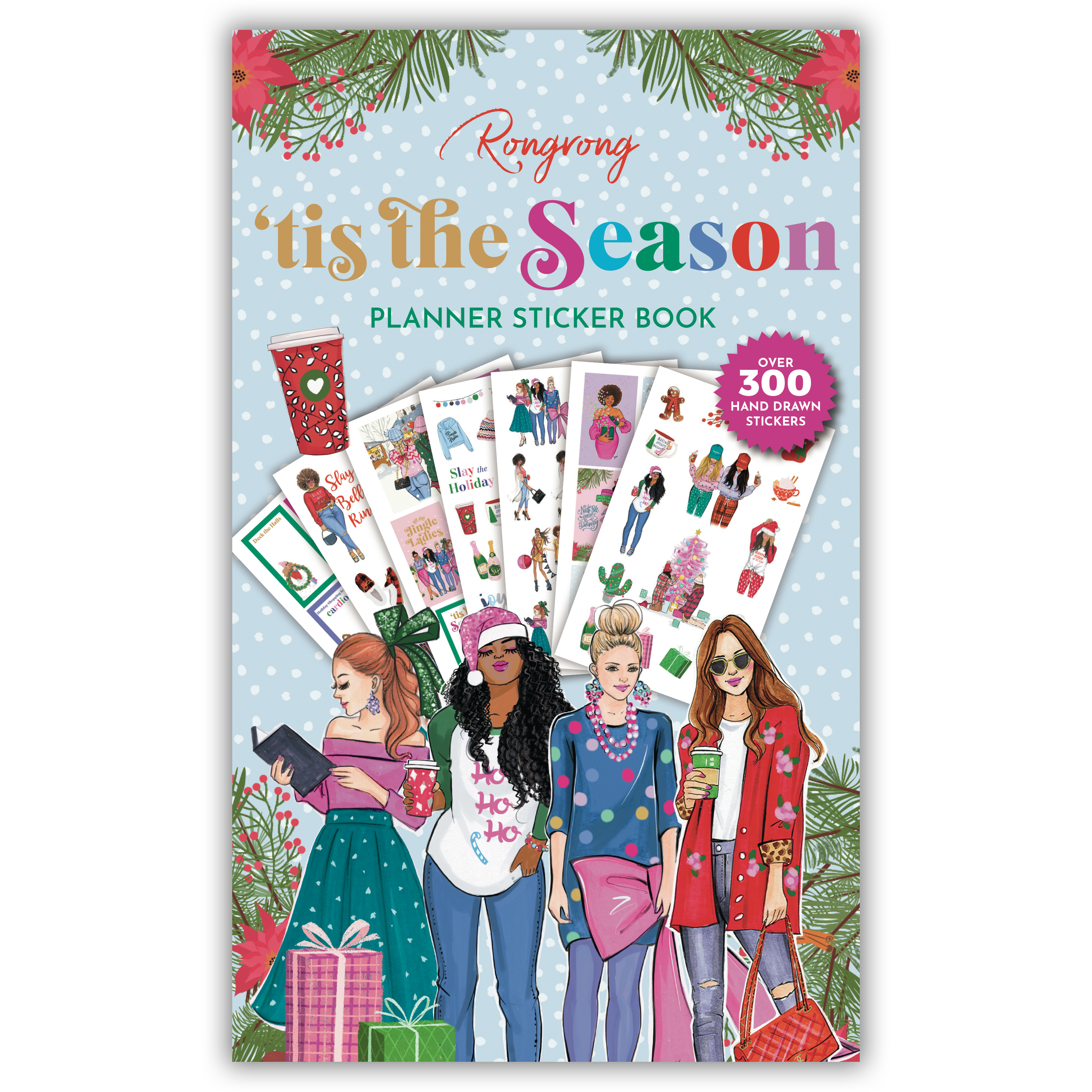 Sticker book cover featuring festive designs with cheerful holiday icons in vibrant colors.