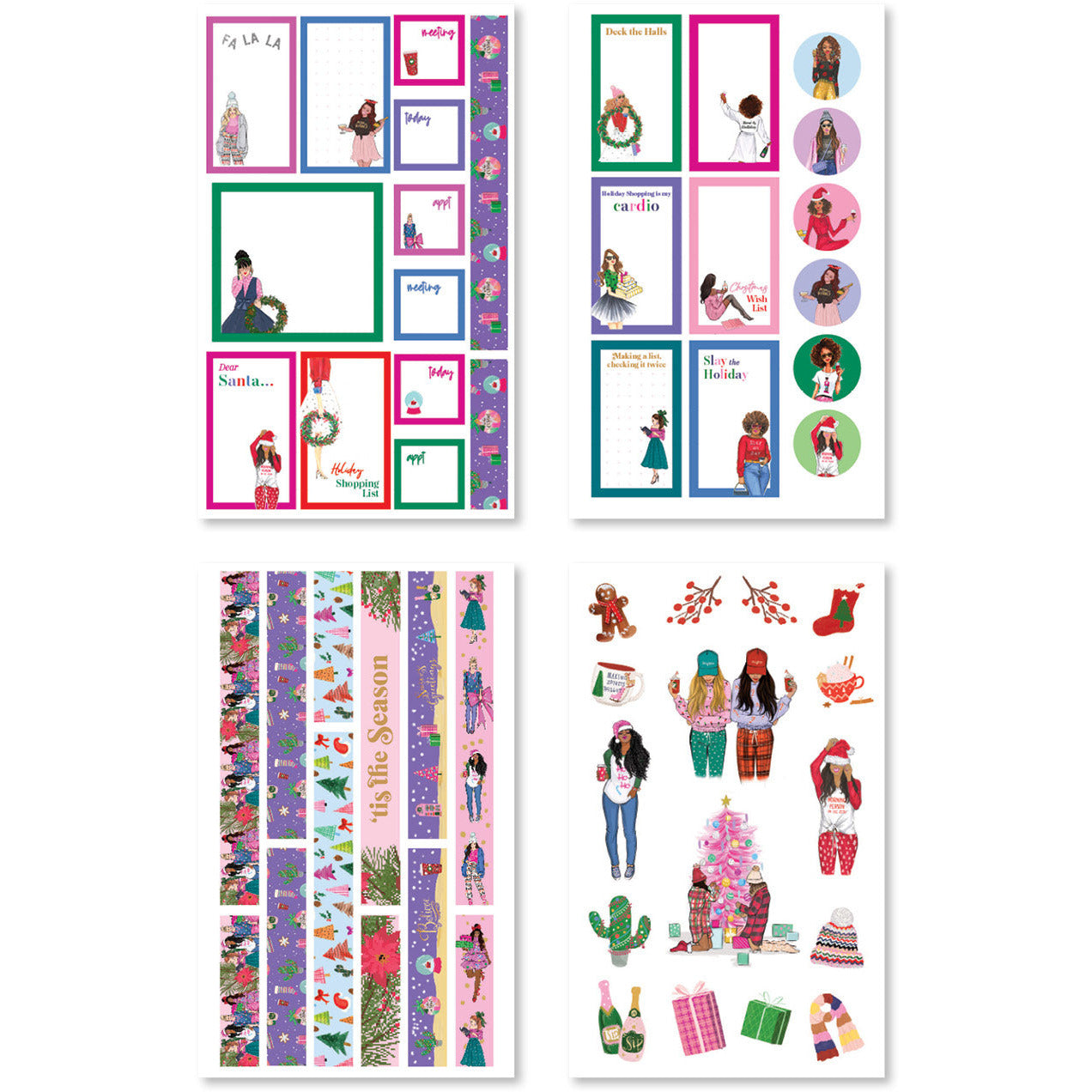 Collection of functional planner stickers with headers and boarders adorned with fun holiday motifs.