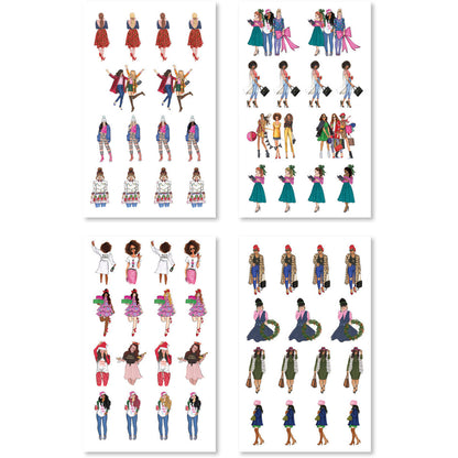 Close-up of playful stickers featuring cheerful girls dressed in a variety of festive holiday outfits.