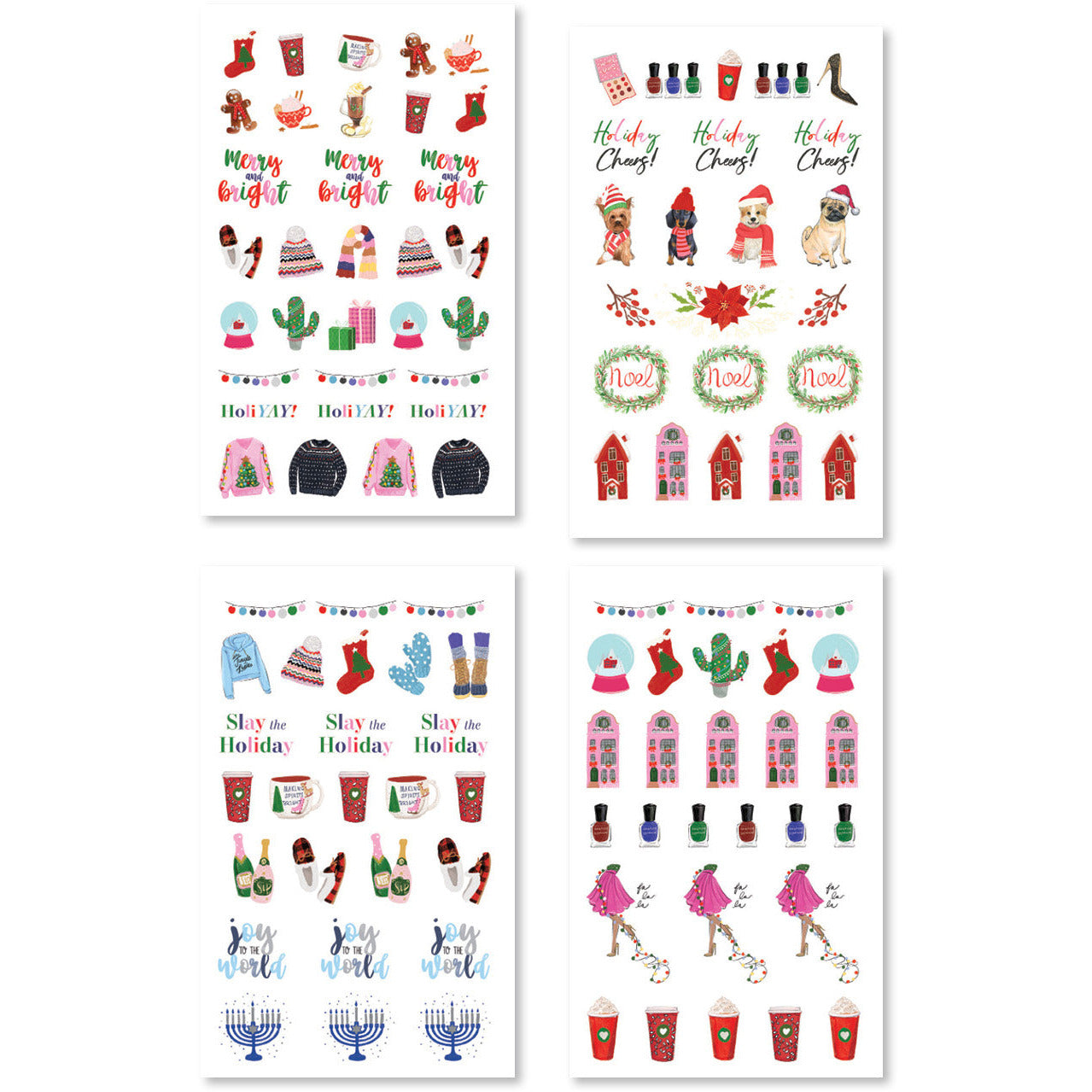 Stickers bursting with lively holiday illustrations, including cheerful gifts, cozy sweaters, fun socks, and vibrant ornaments in bright colors.