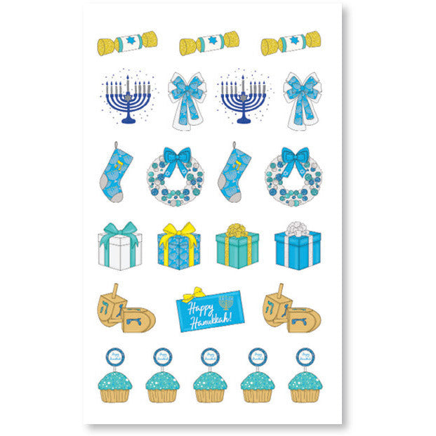 Stickers filled with vibrant holiday illustrations, featuring Hanukkah themes, cheerful gifts, and festive ribbons in a of bright  blue color.