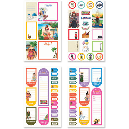 These colorful stickers feature diverse transport options and beautiful destinations, ideal for enhancing creative projects.