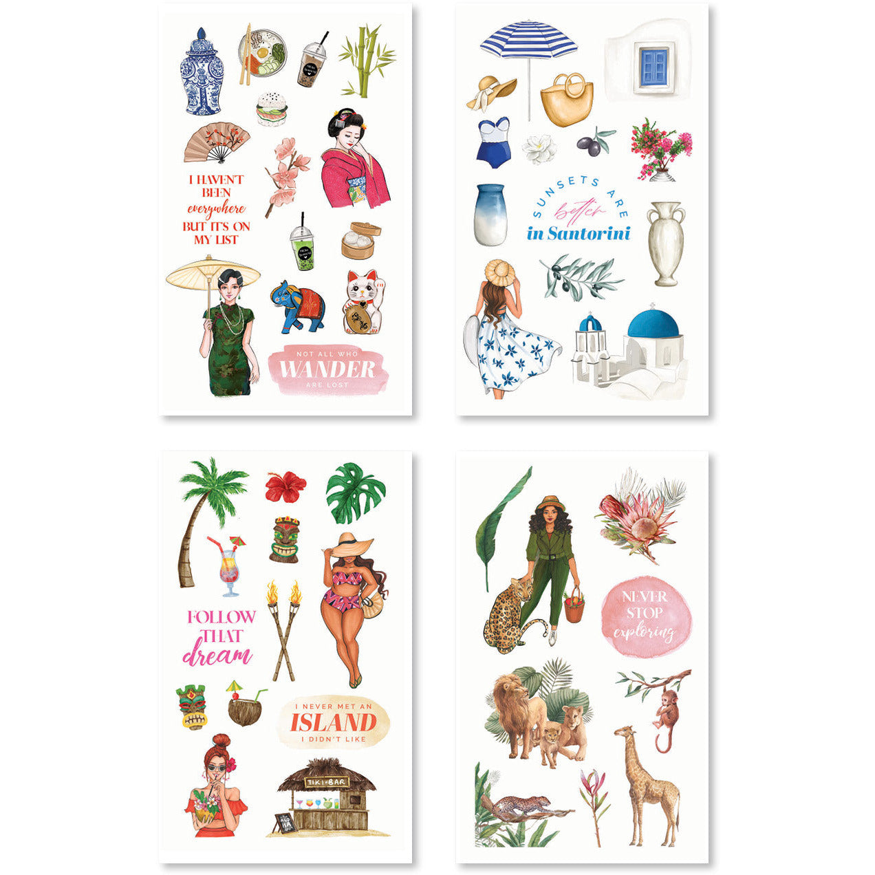 Colorful stickers illustrating various forms of transport and scenic landscapes, ideal for enriching scrapbook pages and artistic works.