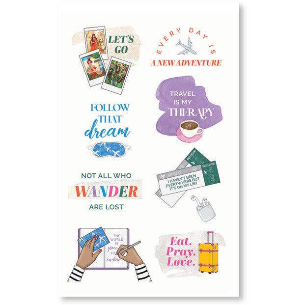 These vibrant stickers depict numerous transport modes and scenic spots, ideal for enhancing scrapbooks and other crafts.