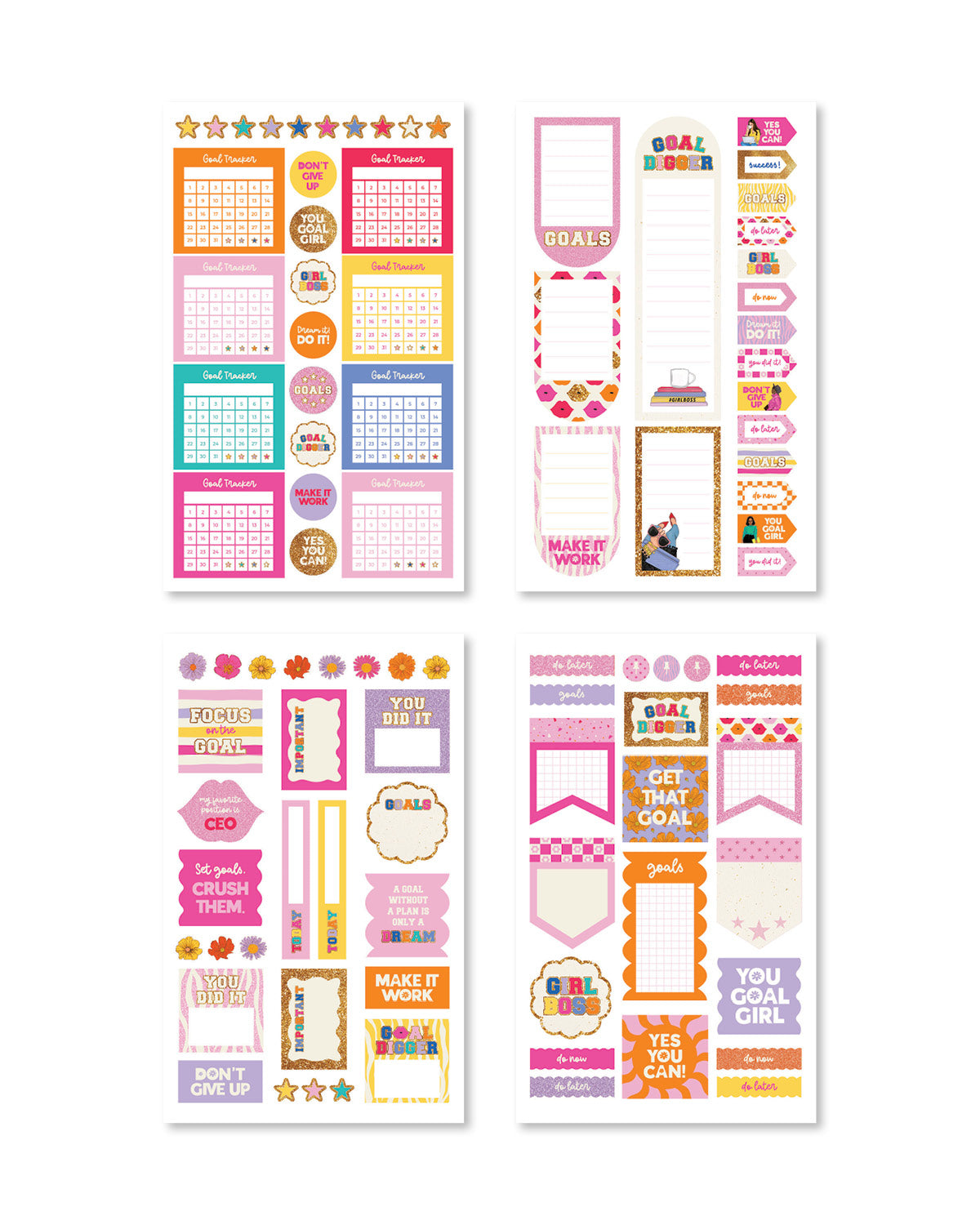 Charming stickers illustrating self-care themes and productivity tips, perfect for enhancing planners with a positive vibe.