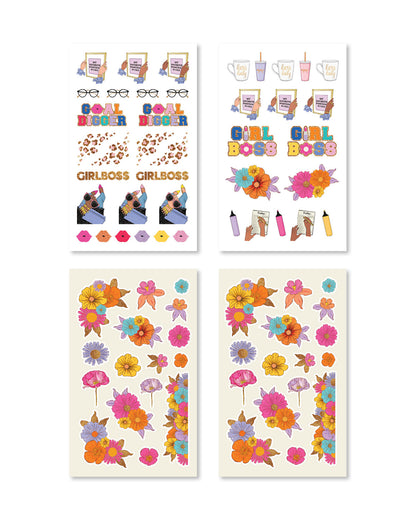 Sophisticated stickers illustrating self-care messages and helpful productivity hints, enhancing planners with a touch of class.