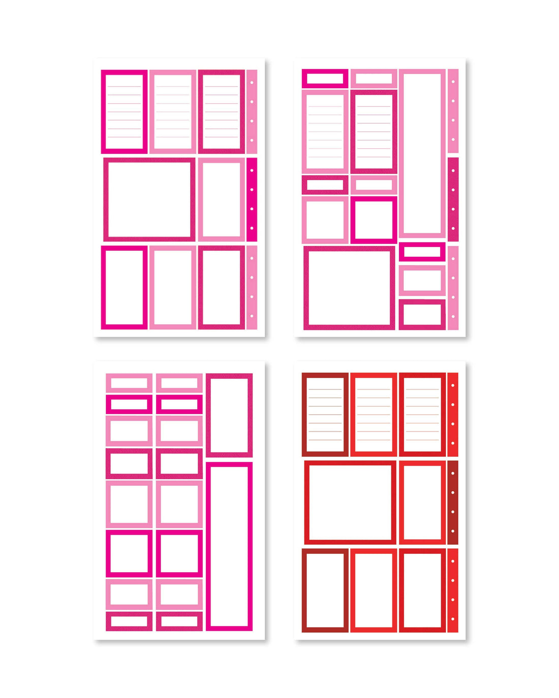 Set of four pink and red geometric design sheets on a white background