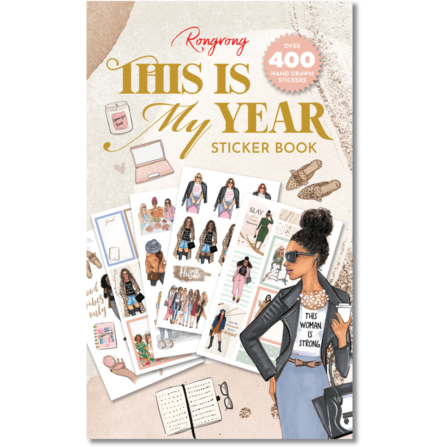 This Is My Year Sticker Book cover featuring vibrant fashion illustrations and motivational quotes in bold colors.