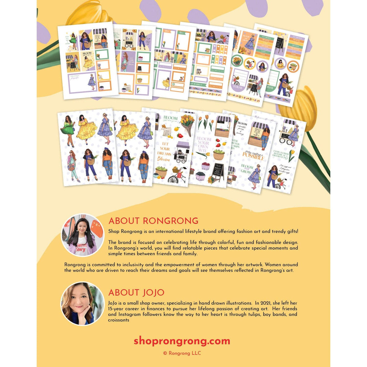 Tulip Market sticker pack back cover featuring illustrations and brand info