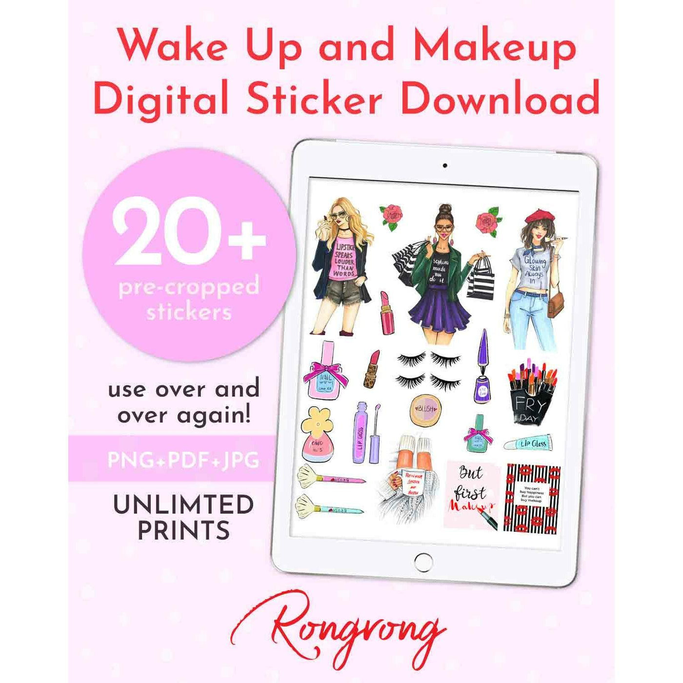 Wake Up and Makeup Digital Planner Stickers [DOWNLOAD] - Shop Rongrong