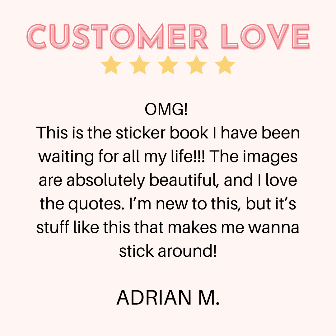 Five-star review of a sticker book with a star rating above it, text below, and a name at the bottom.
