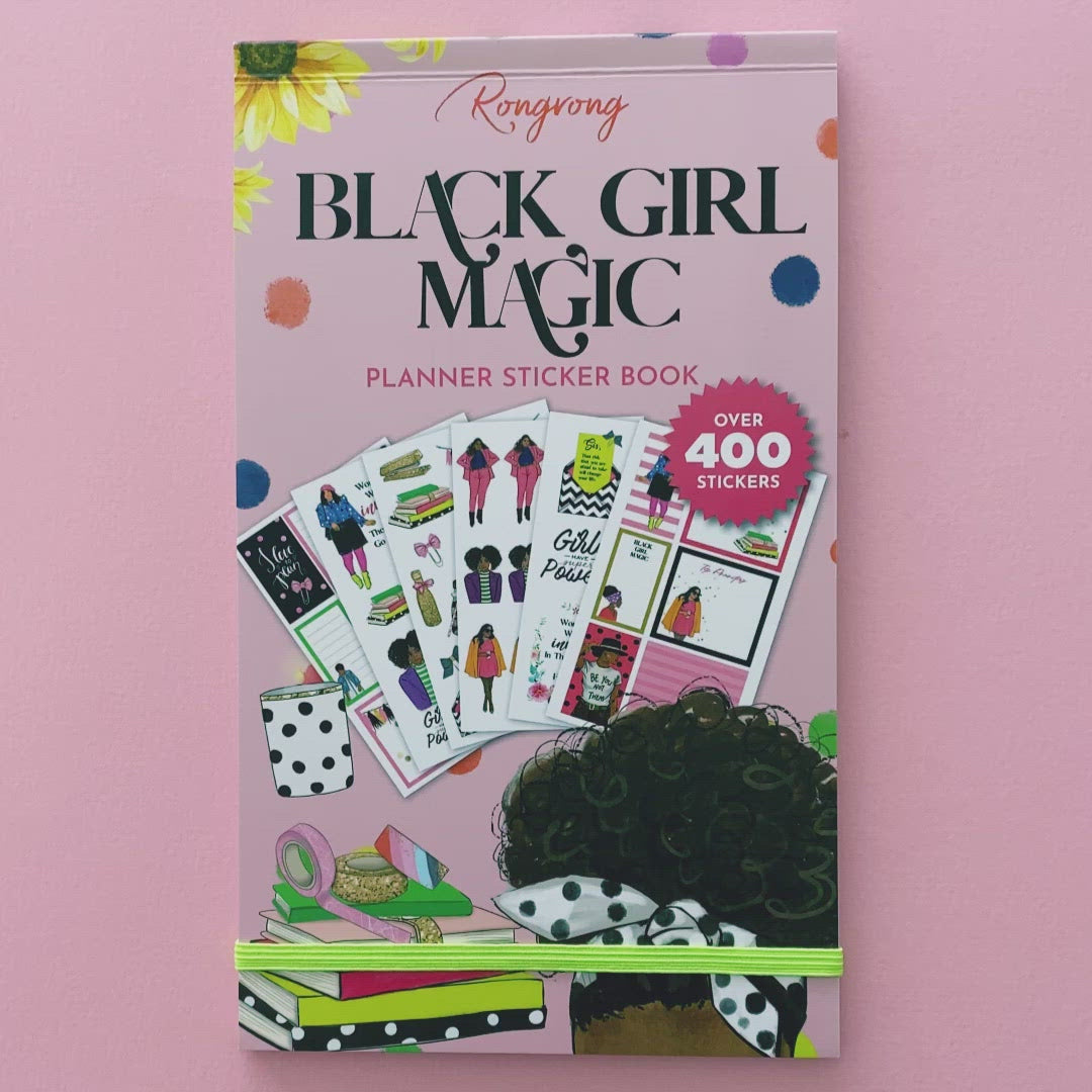 Short video preview of the sticker book, flipping through pages filled with colorful and uplifting stickers celebrating Black girl magic.